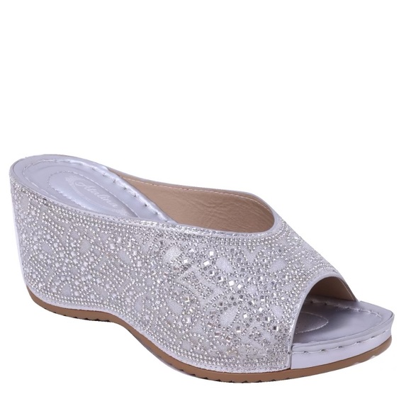 Italina Black Rhinestone Embellished Wedge Heeled Padded Slide Sandals - Picture 11 of 12